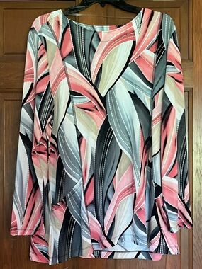 Abstract Leaf Print Long Sleeve Tunic Top in Pink, Gray & Black Medium Brand New